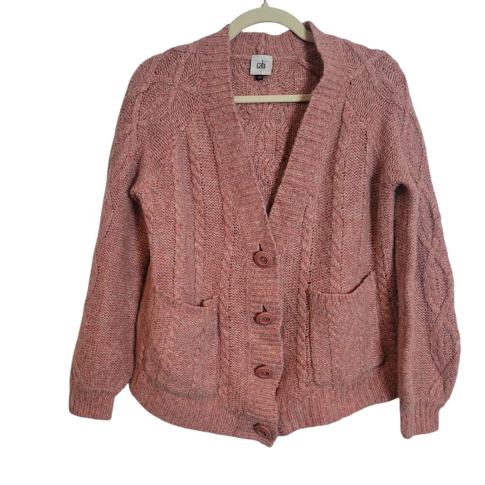 Cabi Confection Cable Knit Cardigan Pink Wool Alpaca Blend Preppy Womens Small S